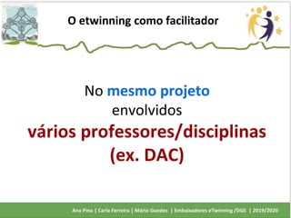 O etwinning como facilitador
No mesmo projeto
envolvidos
vários professores/disciplinas
(ex. DAC)
 