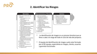 2. Identificar los Riesgos
• La identificación de riesgos es un proceso iterativo que se
lleva a cabo a lo largo de todo el ciclo de vida del proyecto.
• El equipo de identificación de riesgos suele estar formado
por el DP, equipo, especialista en riesgos, cliente, usuarios
y gerentes funcionales
 