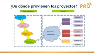 Portafolio
Selección y
Priorización
Programa 1
Programa 2
Proyecto 1
Programa n
Proyecto 2
Proyecto 3
Proyecto 4
Proyecto n
Proyecto n-1
Proyecto 5
Plan Estratégico
Estrategias
Objetivos
Misión
Visión
¿De dónde provienen los proyectos?
 