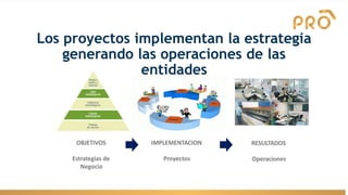 Los proyectos implementan la estrategia
generando las operaciones de las
entidades
OBJETIVOS
Estrategias de
Negocio
IMPLEMENTACION
Proyectos
RESULTADOS
Operaciones
 