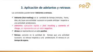 3. Aplicación de adelantos y retrasos
Las actividades puedentener: Adelantos o retrasos.
✓ Adelanto (fast tracking): es la cantidad de tiempo (minutos, horas,
días, etc.) que una actividad sucesora se puede anticipar respecto a
una actividad predecesora.
✓ Adelanto: ejecución rápida o fast tracking y aumenta el
riesgo, se representa con un valor negativo.
✓ Atraso: se representa con un valor positivo.
✓ Retraso: consiste en la cantidad de tiempo que una actividad
sucesora se retrasa respecto a una predecesora. El retraso es un
tiempo de espera.
 