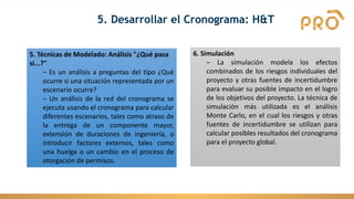 5. Técnicas de Modelado: Análisis "¿Qué pasa
si...?"
– Es un análisis a preguntas del tipo ¿Qué
ocurre si una situación representada por un
escenario ocurre?
– Un análisis de la red del cronograma se
ejecuta usando el cronograma para calcular
diferentes escenarios, tales como atraso de
la entrega de un componente mayor,
extensión de duraciones de ingeniería, o
introducir factores externos, tales como
una huelga o un cambio en el proceso de
otorgación de permisos.
6. Simulación
– La simulación modela los efectos
combinados de los riesgos individuales del
proyecto y otras fuentes de incertidumbre
para evaluar su posible impacto en el logro
de los objetivos del proyecto. La técnica de
simulación más utilizada es el análisis
Monte Carlo, en el cual los riesgos y otras
fuentes de incertidumbre se utilizan para
calcular posibles resultados del cronograma
para el proyecto global.
5. Desarrollar el Cronograma: H&T
 