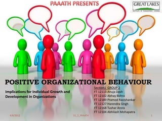 POSITIVE ORGANIZATIONAL BEHAVIOUR
                                                       Section1 GROUP 2
Implications for Individual Growth and                 FT 12113 Anuja Dash
Development in Organizations                           FT 12102 Abhay Bohra
                                                       FT 12189 Pramod Ravishankar
                                                       FT 12127 Harendra Singh
                                                       FT 12168 Tushar Arora
                                                       FT 12104 Abhilash Mohapatra
  4/8/2012                               S1_2_PAAATH                                 1
 