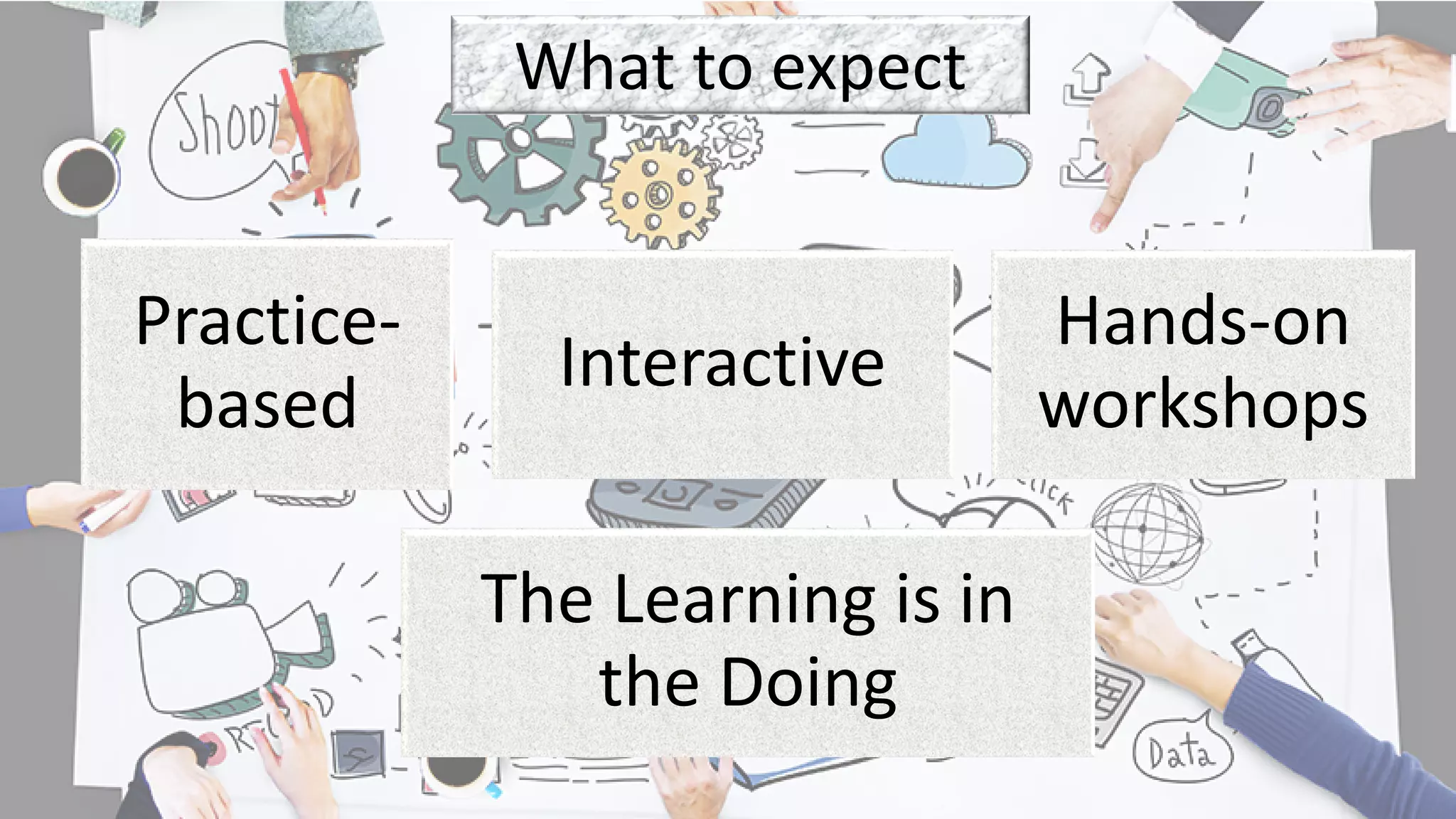 What to expect
Practice-
based
Interactive
Hands-on
workshops
The Learning is in
the Doing
 
