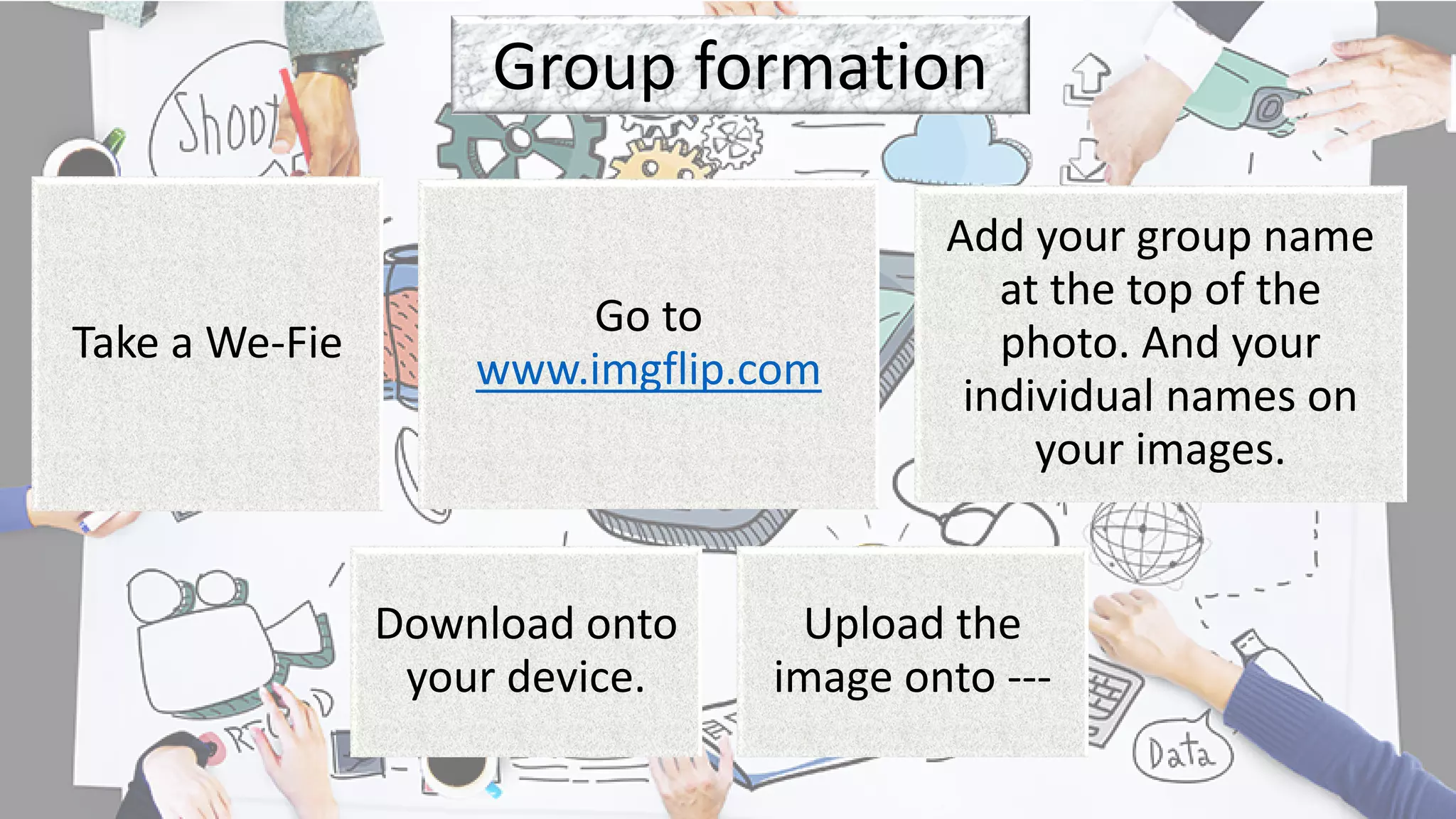 Group formation
Take a We-Fie
Go to
www.imgflip.com
Add your group name
at the top of the
photo. And your
individual names on
your images.
Download onto
your device.
Upload the
image onto ---
 