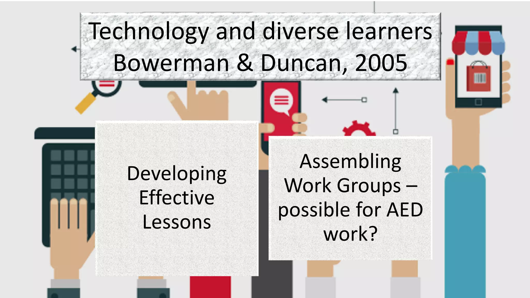 Technology and diverse learners
Bowerman & Duncan, 2005
Developing
Effective
Lessons
Assembling
Work Groups –
possible for AED
work?
 