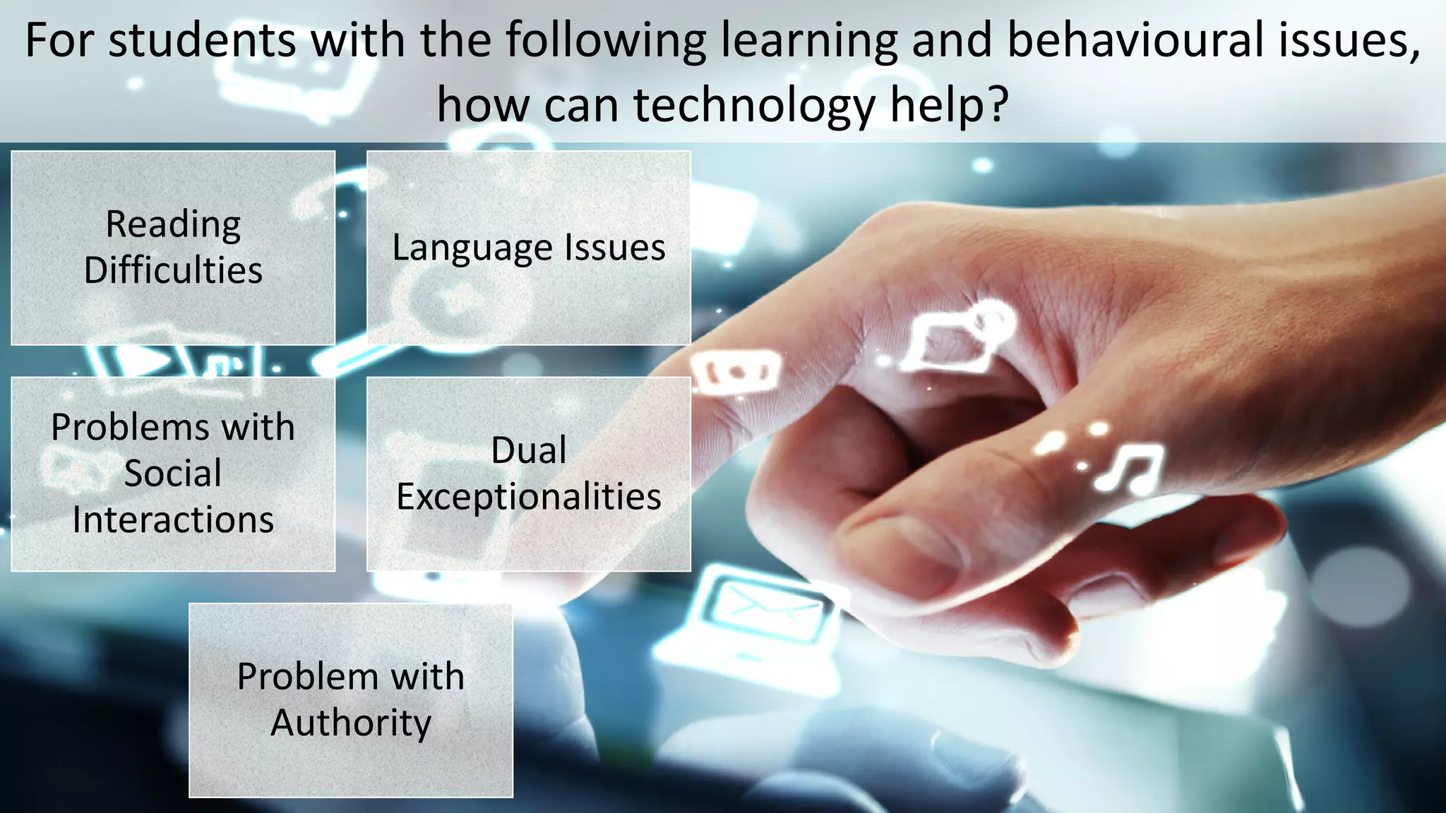 For students with the following learning and behavioural issues,
how can technology help?
Reading
Difficulties
Language Issues
Problems with
Social
Interactions
Dual
Exceptionalities
Problem with
Authority
 