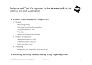 Software and Test Management in the Automotive Practice
Software and Test Management

Software Project Phases and their products
Kick off
- Milestone planning
- Functional requirement specification
- Rough feature rollout plan
- Test plan
- Definition of software architecture

Feature development
- Detailed feature rollout plan
- Definition of work packages
- Definition of test cases

Bugfixing
- Defect reduction (incl. defect reduction curve)

monitoring, reporting, tracking, steering during all project phases!
27.11.2013, company private – Vertraulich nicht zur Weitergabe

www.s1nn.de

10

 