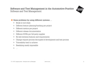 Software and Test Management in the Automotive Practice
Software and Test Management

Some problems by using different systems …
Break in tool chain
Different feature planning/tracking per project
Different metrics per project
Different release documentation
Different SOWs per 3rd party supplier
No link between features and requirements
Change request process decoupled of development and test process
Traceability hard to achieve
Baselining nearly impossible
…

27.11.2013, company private – Vertraulich nicht zur Weitergabe

www.s1nn.de

12

 