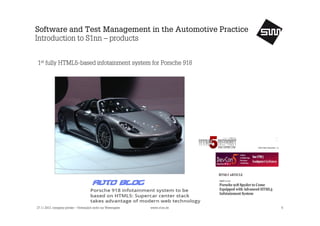 Software and Test Management in the Automotive Practice
Introduction to S1nn – products
1st fully HTML5-based infotainment system for Porsche 918

27.11.2013, company private – Vertraulich nicht zur Weitergabe

www.s1nn.de

6

 