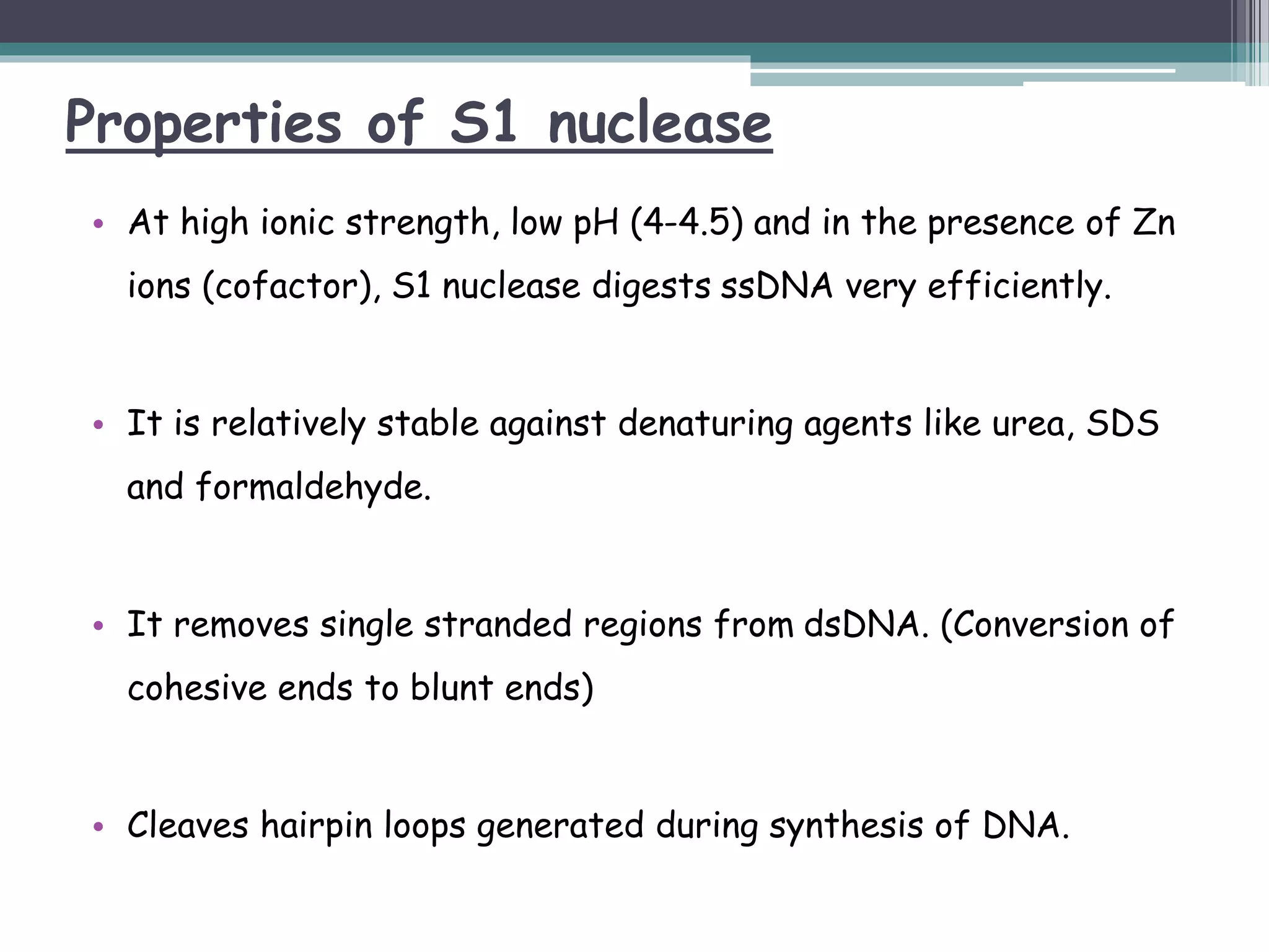 Properties of S1 nuclease
• At high ionic strength, low pH (4-4.5) and in the presence of Zn
ions (cofactor), S1 nuclease digests ssDNA very efficiently.
• It is relatively stable against denaturing agents like urea, SDS
and formaldehyde.
• It removes single stranded regions from dsDNA. (Conversion of
cohesive ends to blunt ends)
• Cleaves hairpin loops generated during synthesis of DNA.
 