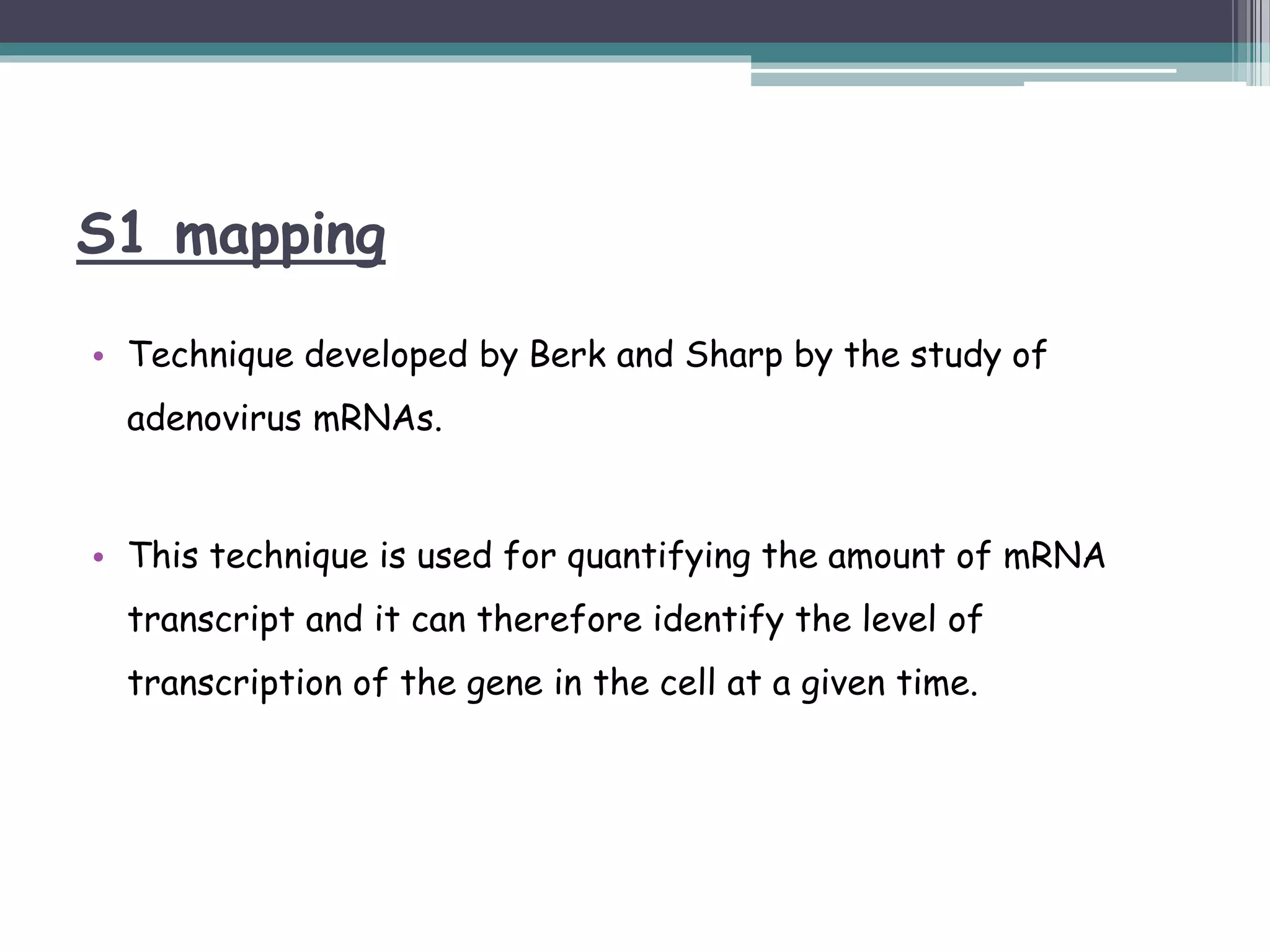 S1 mapping
• Technique developed by Berk and Sharp by the study of
adenovirus mRNAs.
• This technique is used for quantifying the amount of mRNA
transcript and it can therefore identify the level of
transcription of the gene in the cell at a given time.
 