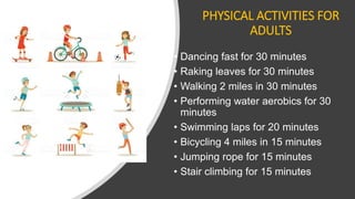 PHYSICAL ACTIVITIES FOR
ADULTS
• Dancing fast for 30 minutes
• Raking leaves for 30 minutes
• Walking 2 miles in 30 minutes
• Performing water aerobics for 30
minutes
• Swimming laps for 20 minutes
• Bicycling 4 miles in 15 minutes
• Jumping rope for 15 minutes
• Stair climbing for 15 minutes
 