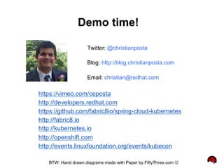 Twitter: @christianposta
Blog: http://blog.christianposta.com
Email: christian@redhat.com
Demo time!
BTW: Hand drawn diagrams made with Paper by FiftyThree.com J
https://vimeo.com/ceposta
http://developers.redhat.com
https://github.com/fabric8io/spring-cloud-kubernetes
http://fabric8.io
http://kubernetes.io
http://openshift.com
http://events.linuxfoundation.org/events/kubecon
 