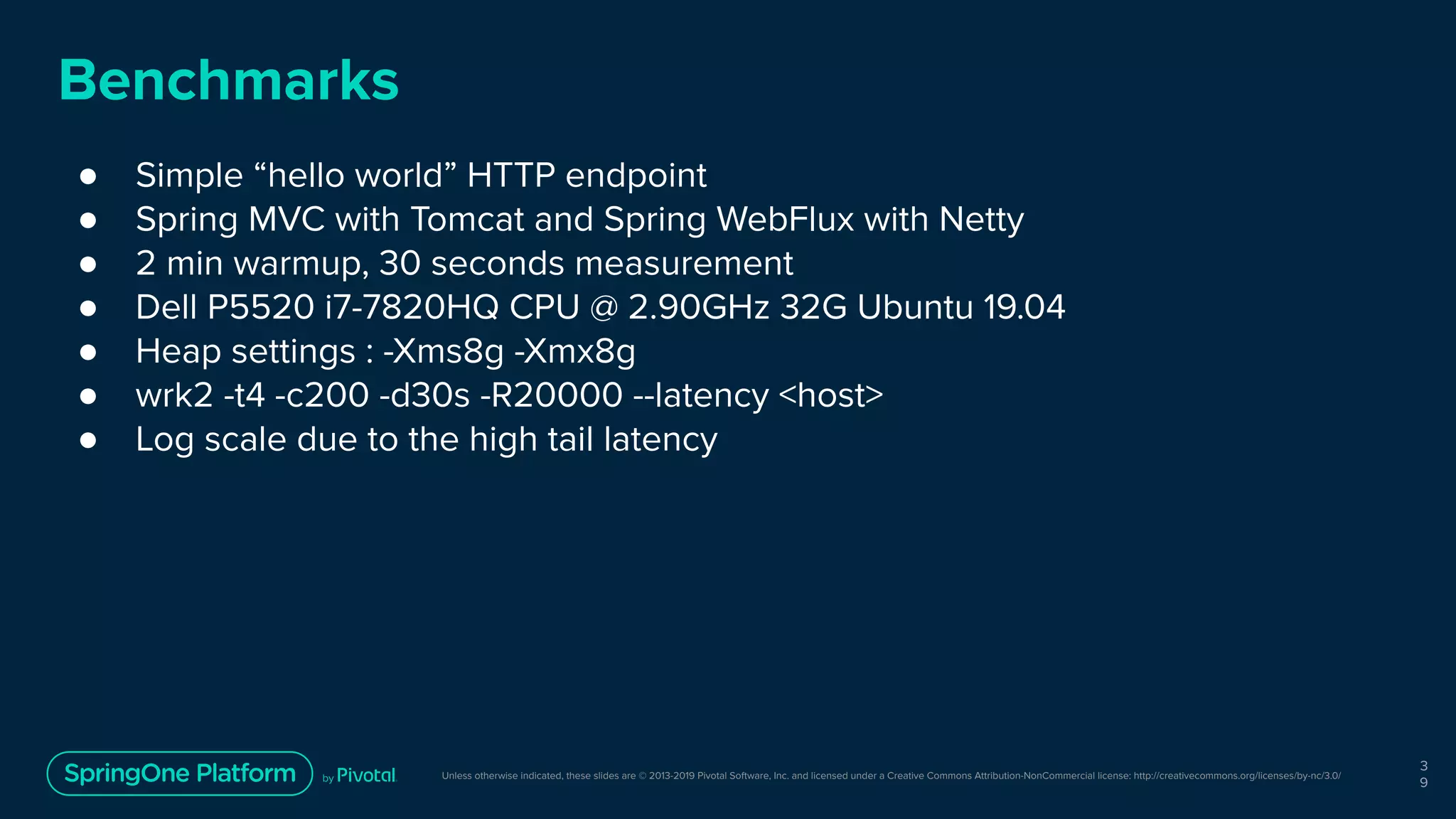 Unless otherwise indicated, these slides are © 2013-2019 Pivotal Software, Inc. and licensed under a Creative Commons Attribution-NonCommercial license: http://creativecommons.org/licenses/by-nc/3.0/
Benchmarks
● Simple “hello world” HTTP endpoint
● Spring MVC with Tomcat and Spring WebFlux with Netty
● 2 min warmup, 30 seconds measurement
● Dell P5520 i7-7820HQ CPU @ 2.90GHz 32G Ubuntu 19.04
● Heap settings : -Xms8g -Xmx8g
● wrk2 -t4 -c200 -d30s -R20000 --latency <host>
● Log scale due to the high tail latency
3
9
 