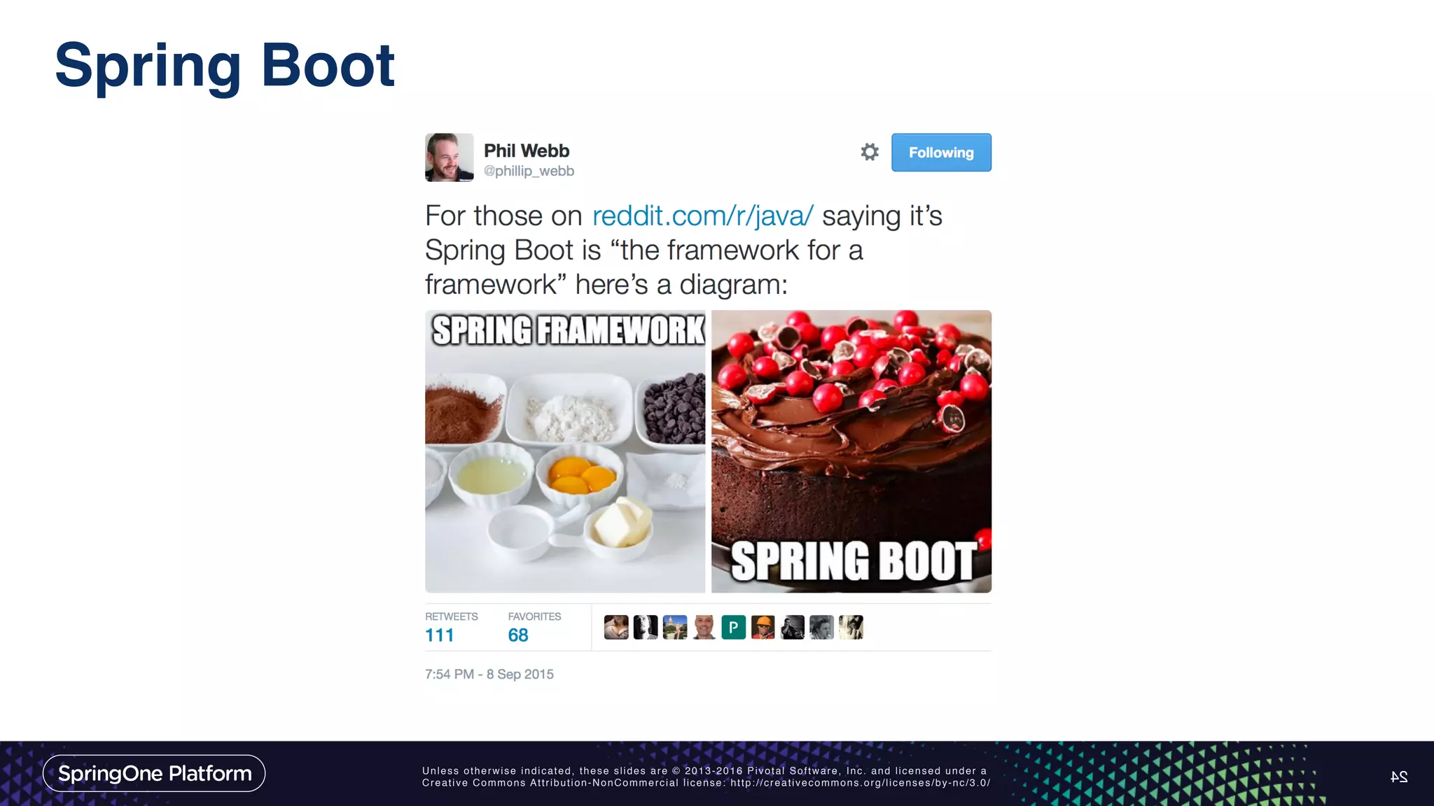 Unless otherwise indicated, these slides are © 2013-2016 Pivotal Software, Inc. and licensed under a Creative Commons Attribution-NonCommercial license: http://creativecommons.org/licenses/by-nc/3.0/ Spring Boot 24 