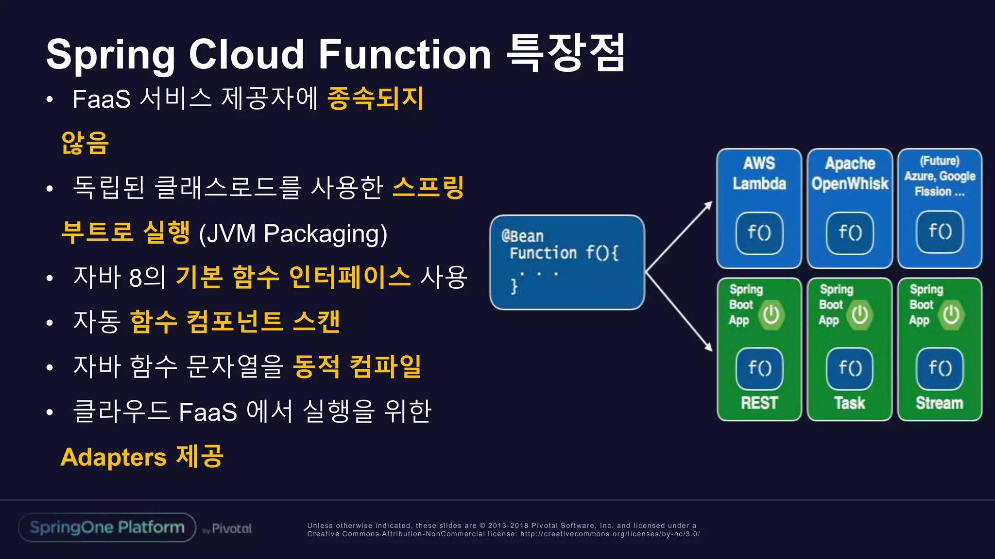 Unless otherwise indicated, these slides are © 2013 -2018 Piv otal Software, Inc. and licensed under a
Creative Commons Attribution-NonCommercial license: http://creativecommons.org/licenses/by-nc/3.0/
Spring Cloud Function 특장점
• FaaS 서비스 제공자에 종속되지
않음
• 독립된 클래스로드를 사용한 스프링
부트로 실행 (JVM Packaging)
• 자바 8의 기본 함수 인터페이스 사용
• 자동 함수 컴포넌트 스캔
• 자바 함수 문자열을 동적 컴파일
• 클라우드 FaaS 에서 실행을 위한
Adapters 제공
 
