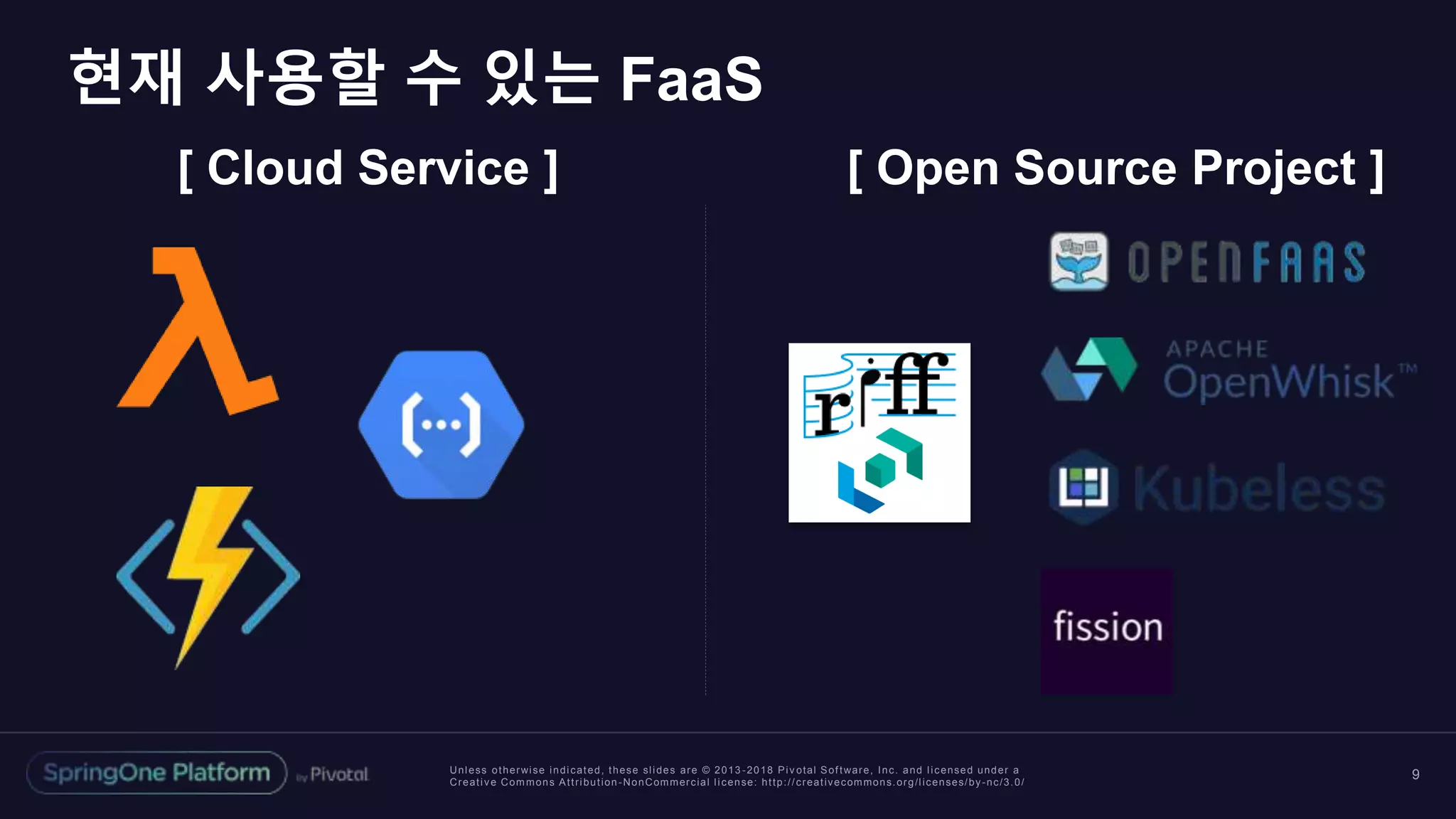 Unless otherwise indicated, these slides are © 2013 -2018 Piv otal Software, Inc. and licensed under a
Creative Commons Attribution-NonCommercial license: http://creativecommons.org/licenses/by-nc/3.0/
현재 사용할 수 있는 FaaS
9
[ Cloud Service ] [ Open Source Project ]
 