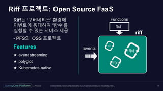 Unless otherwise indicated, these slides are © 2013 -2018 Piv otal Software, Inc. and licensed under a
Creative Commons Attribution-NonCommercial license: http://creativecommons.org/licenses/by-nc/3.0/
Riff 프로젝트: Open Source FaaS
13
Riff는 ‘쿠버네티스’ 환경에
이벤트에 응대하여 ’함수’를
실행할 수 있는 서비스 제공
- PFS의 OSS 프로젝트
Features
★ event streaming
★ polyglot
★ Kubernetes-native
Events
f(x)
f(x)
f(x)
Functions
f(x)
riff
 