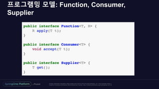 Unless otherwise indicated, these slides are © 2013 -2018 Piv otal Software, Inc. and licensed under a
Creative Commons Attribution-NonCommercial license: http://creativecommons.org/licenses/by-nc/3.0/
프로그램밍 모델: Function, Consumer,
Supplier
 