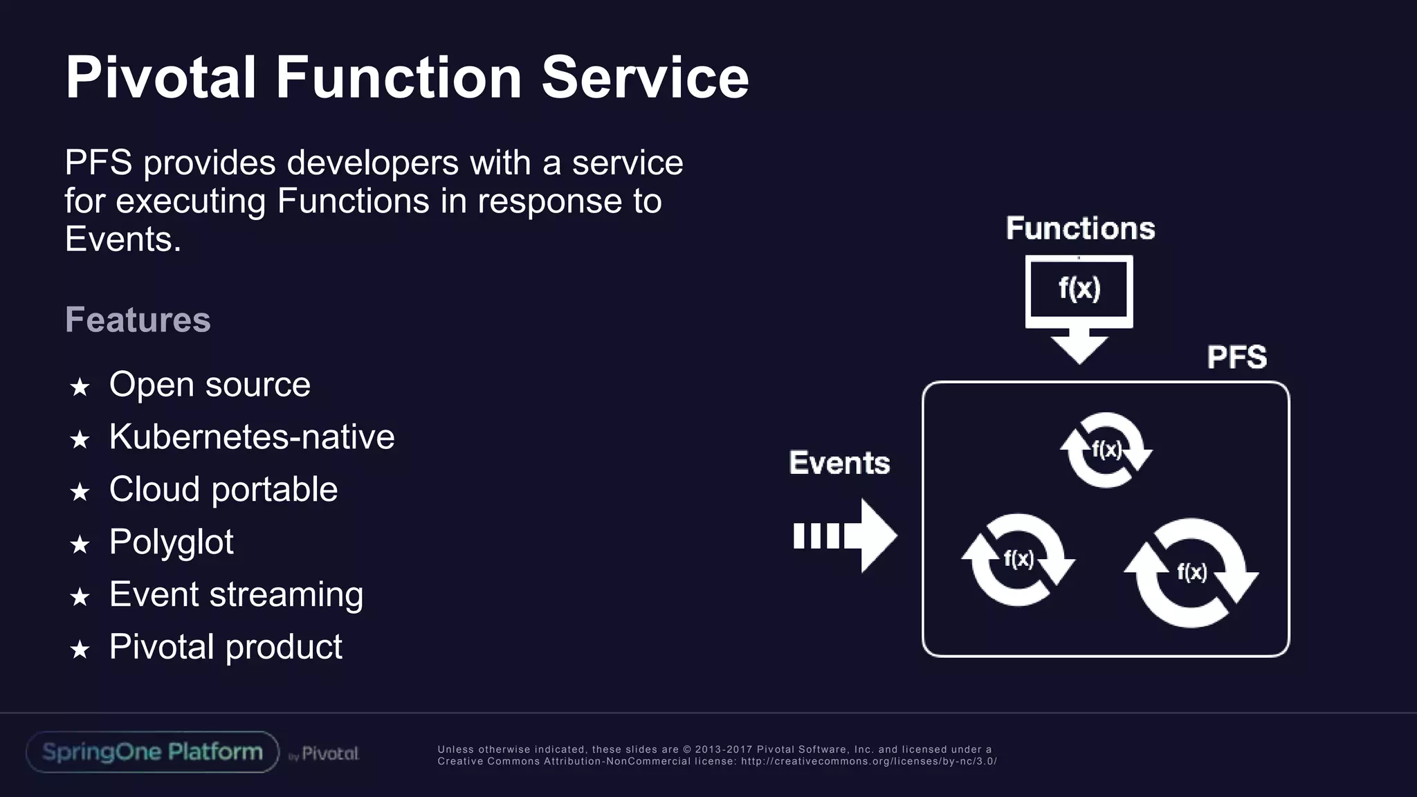 Unless otherwise indicated, these slides are © 2013 -2017 Piv otal Software, Inc. and licensed under a
Creative Commons Attribution-NonCommercial license: http://creativecommons.org/licenses/by-nc/3.0/
Pivotal Function Service
PFS provides developers with a service
for executing Functions in response to
Events.
Features
★ Open source
★ Kubernetes-native
★ Cloud portable
★ Polyglot
★ Event streaming
★ Pivotal product
 