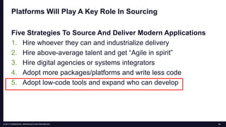 14© 2017 FORRESTER. REPRODUCTION PROHIBITED.
Platforms Will Play A Key Role In Sourcing
Five Strategies To Source And Deliver Modern Applications
1. Hire whoever they can and industrialize delivery
2. Hire above-average talent and get “Agile in spirit”
3. Hire digital agencies or systems integrators
4. Adopt more packages/platforms and write less code
5. Adopt low-code tools and expand who can develop
 