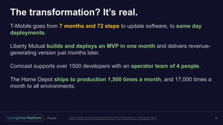 Unless otherwise indicated, these slides are © 2013 -2017 Piv otal Software, Inc. and licensed under a
Creative Commons Attribution-NonCommercial license: http://creativecommons.org/licenses/by-nc/3.0/
The transformation? It’s real.
T-Mobile goes from 7 months and 72 steps to update software, to same day
deployments.
Liberty Mutual builds and deploys an MVP in one month and delivers revenue-
generating version just months later.
Comcast supports over 1500 developers with an operator team of 4 people.
The Home Depot ships to production 1,500 times a month, and 17,000 times a
month to all environments.
24
 