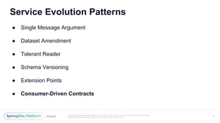 Unless otherwise indicated, these slides are © 2013-2017 Pivotal Software, Inc. and licensed under a Creative Commons
Attribution-NonCommercial license: http://creativecommons.org/licenses/by-nc/3.0/
Service Evolution Patterns
● Single Message Argument
● Dataset Amendment
● Tolerant Reader
● Schema Versioning
● Extension Points
● Consumer-Driven Contracts
19
 