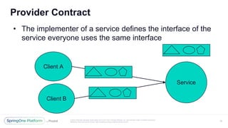 Unless otherwise indicated, these slides are © 2013-2017 Pivotal Software, Inc. and licensed under a Creative Commons
Attribution-NonCommercial license: http://creativecommons.org/licenses/by-nc/3.0/
Provider Contract
• The implementer of a service defines the interface of the
service everyone uses the same interface
20
Service
Client A
Client B
 