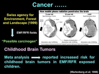 Meta analysis reported increased risk for
childhood brain tumors in EMF/RFR exposed
children.
Cancer ……
Childhood Brain Tumors
(Wartenberg et al; 1998)
Swiss agency for
Environment, Forest
and Landscape (1999)
EMF/RFR fields
“Possible carcinogen”
 
