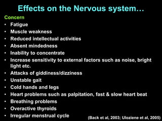 Effects on the Nervous system…
Concern
• Fatigue
• Muscle weakness
• Reduced intellectual activities
• Absent mindedness
• Inability to concentrate
• Increase sensitivity to external factors such as noise, bright
light etc.
• Attacks of giddiness/dizziness
• Unstable gait
• Cold hands and legs
• Heart problems such as palpitation, fast & slow heart beat
• Breathing problems
• Overactive thyroids
• Irregular menstrual cycle (Back et al, 2003; Uloziene et al, 2005)
 