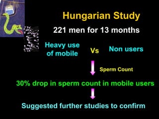 Hungarian Study
221 men for 13 months
Heavy use
of mobile Vs Non users
Suggested further studies to confirm
Sperm Count
30% drop in sperm count in mobile users
 