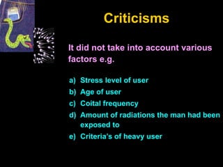 Criticisms
It did not take into account various
factors e.g.
a) Stress level of user
b) Age of user
c) Coital frequency
d) Amount of radiations the man had been
exposed to
e) Criteria’s of heavy user
 