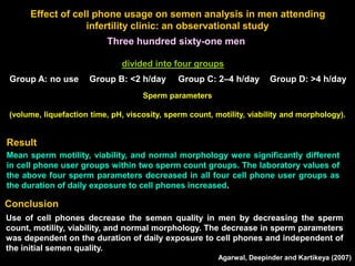 Effect of cell phone usage on semen analysis in men attending
infertility clinic: an observational study
Three hundred sixty-one men
Group D: >4 h/day
Group C: 2–4 h/day
Group B: <2 h/day
Group A: no use
divided into four groups
Sperm parameters
(volume, liquefaction time, pH, viscosity, sperm count, motility, viability and morphology).
Use of cell phones decrease the semen quality in men by decreasing the sperm
count, motility, viability, and normal morphology. The decrease in sperm parameters
was dependent on the duration of daily exposure to cell phones and independent of
the initial semen quality.
Mean sperm motility, viability, and normal morphology were significantly different
in cell phone user groups within two sperm count groups. The laboratory values of
the above four sperm parameters decreased in all four cell phone user groups as
the duration of daily exposure to cell phones increased.
Conclusion
Result
Agarwal, Deepinder and Kartikeya (2007)
 