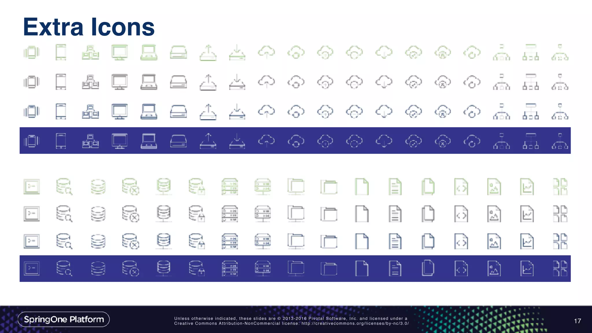 Unless otherwise indicated, these slides are © 2013-2016 Pivotal Software, Inc. and licensed under a
Creative Commons Attribution-NonCommercial license: http://creativecommons.org/licenses/by-nc/3.0/
Extra Icons
17
 