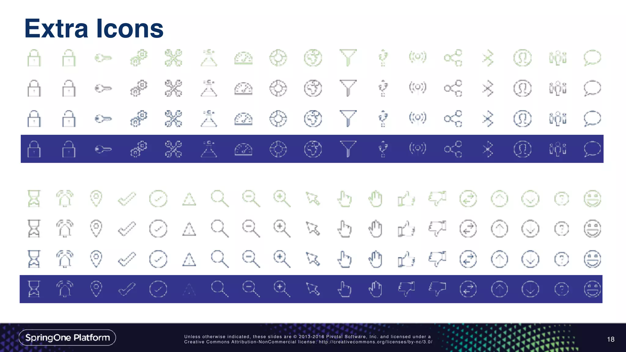 Unless otherwise indicated, these slides are © 2013-2016 Pivotal Software, Inc. and licensed under a
Creative Commons Attribution-NonCommercial license: http://creativecommons.org/licenses/by-nc/3.0/
Extra Icons
18
 