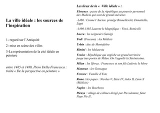 Les lieux de la « Ville idéale » :
                                              Florence : passe de la république au pouvoir personnel
                                              des Medicis qui sont de grands mécènes
La ville idéale : les sources de              -1460 : Cosme l’Ancien protège Brunelleschi, Donattello,
                                              Lippi
l’inspiration
                                              -1490-1492 Laurent le Magnifique : Vinci, Botticelli
                                              Lucca : les seigneurs Guinigi
1- regard sur l’Antiquité                     Todi (Toscane) : les Médicis

2- mise en scène des villes                   Urbin : duc de Montefeltre
                                              Rimini : les Malatesta
3-La représentation de la cité idéale en
peinture                                      Venise : République qui englobe un grand territoire
                                              jusqu’aux portes de Milan. On l’appelle la Sérénissime.
                                              Milan : les Sforza : Francesco et son fils Ludovic le More
entre 1465 et 1480, Piero Della Francesca :   Mantoue : les Gonzague
traité « De la perspective en peinture »
                                              Ferrare : Famille d’Este
                                              Rome : les papes : Nicolas V, Sixte IV, Jules II, Léon X
                                              (Médicis)
                                              Naples : les Bourbons
                                              Pienza : village de collines dirigé par Piccolomini, futur
                                              Pape Pie II..
 