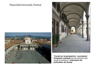 Piazza Santa Annunziata, Florence




                                     Travail sur la perspective : succession
                                    d’espaces cubiques tout au long de l’axe
                                    visuel du portique = impression de
                                    profondeur de champ
 