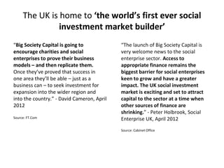 The UK is home to ‘the world’s first ever social
investment market builder’
“Big Society Capital is going to
encourage cha...
