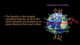 Latitudes or Paralles
• The Equator is the longest
complete latitude, so all of the
other latitudes are located at an
equal distance from each other.
 