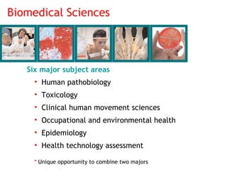 Biomedical Sciences Six major subject areas   Human pathobiology Toxicology Clinical human movement sciences Occupational and environmental health Epidemiology Health technology assessment *  Unique opportunity to combine two majors 