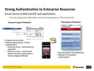 Strong Authentication to Enterprise Resources
 Secure Access to B2B and B2C web applications
     – Can be supported with either one time password or PKI credentials

      Account Logon Protection                            Transaction Protection




• Protects the front door
• Delivers best practice, 2 factor
  authentication
   • What you know: Username and
     password
   • What you have: a device that
                                                      • Secures higher risk transactions
     delivers dynamic passcodes or
                                                      • Utilized for transaction
     stores a digital certificate
                                                        authentication




Enterprise Mobility Strategy                                                               17
 