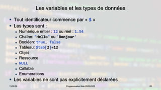 Les variables et les types de données
 Tout identificateur commence par « $ »
 Les types sont :
 Numérique entier : 12 ou réel : 1.54
 Chaîne: "Hello" ou 'Bonjour'
 Booléen: true, false
 Tableau: $tab[2]=12
 Objet
 Ressource
 NULL
 Callable
 Enumerations
 Les variables ne sont pas explicitement déclarées
20
13:30:39 Programmation Web 2022-2023
 
