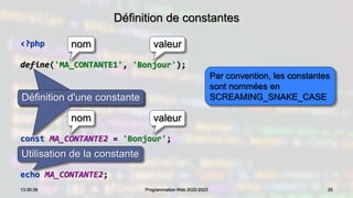 Définition de constantes
<?php
define('MA_CONTANTE1', 'Bonjour');
const MA_CONTANTE2 = 'Bonjour';
echo MA_CONTANTE2;
25
13:30:39 Programmation Web 2022-2023
Définition d'une constante
Utilisation de la constante
nom valeur
Définition d'une constante
nom valeur
Par convention, les constantes
sont nommées en
SCREAMING_SNAKE_CASE
 