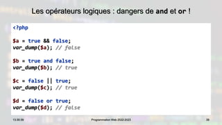 Les opérateurs logiques : dangers de and et or !
39
13:30:39 Programmation Web 2022-2023
<?php
$a = true && false;
var_dump($a); // false
$b = true and false;
var_dump($b); // true
$c = false || true;
var_dump($c); // true
$d = false or true;
var_dump($d); // false
 