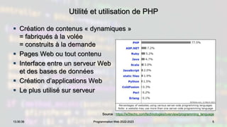 Utilité et utilisation de PHP
 Création de contenus « dynamiques »
= fabriqués à la volée
= construits à la demande
 Pages Web ou tout contenu
 Interface entre un serveur Web
et des bases de données
 Création d’applications Web
 Le plus utilisé sur serveur
5
13:30:39 Programmation Web 2022-2023
Source : https://w3techs.com/technologies/overview/programming_language
 