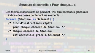 Structure de contrôle « Pour chaque… »
Des tableaux associatifs ne peuvent PAS être parcourus grâce aux
indices des cases contenant les éléments…
foreach ($tableau as $element) {
/* Bloc d’instructions répété
pour chaque élément de $tableau */
/* Chaque élément de $tableau
est accessible grâce à $element */
}
54
13:30:39 Programmation Web 2022-2023
 