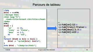 Parcours de tableau
<?php
$html = <<<HTML
<!doctype html>
<html lang="fr">
<head><title>foreach clé</title></head>
<body>
HTML;
$tab6 = [
'un' => 12,
'trois' => 'fraise',
'deux' => 2.5,
42 => 'el5',
];
foreach ($tab6 as $cle => $val) {
$html .= "<p>tab[$cle]: $valn";
}
echo $html . "</body>n</html>";
58
13:30:39 Programmation Web 2022-2023
…
<p>tab[un]:12n
<p>tab[trois]:fraisen
<p>tab[deux]:2.5n
<p>tab[42]:el5n
…
 