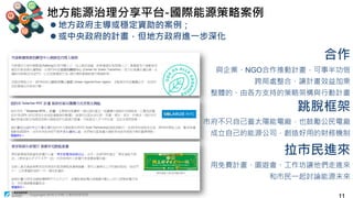 Copyright 2018 © ITRI 工業技術研究院
11
合作
與企業、NGO合作推動計畫，可事半功倍
跨局處整合，讓計畫效益加乘
整體的、由各方支持的策略架構與行動計畫
跳脫框架
市府不只自己蓋太陽能電廠，也鼓勵公民電廠
成立自己的能源公司，創造好用的財務機制
拉市民進來
用免費計畫、園遊會、工作坊讓他們走進來
和市民一起討論能源未來
地方能源治理分享平台-國際能源策略案例
 地方政府主導或穩定資助的案例；
 或中央政府的計畫，但地方政府進一步深化
 