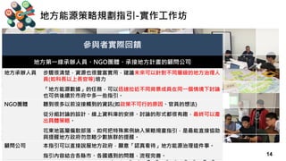 Copyright 2018 © ITRI 工業技術研究院
14
地方能源策略規劃指引-實作工作坊
2018.10.22、25@高雄、台中
參與者實際回饋
地方第一線承辦人員、NGO團體、承接地方計畫的顧問公司
地方承辦人員 步驟很清楚，資源也很豐富實用，建議未來可以針對不同層級的地方治理人
員(如科長以上長官等)培力
「地方能源數據」的任務，可以迅速拉近不同背景成員在同一個情境下討論，
也可供後續於市府中多一些指引。
NGO團體 聽到很多以前沒接觸到的資訊(如政策不可行的原因、官員的想法)
從分組討論的設計、線上資料庫的安排、討論的形式都很有趣，最終可以產
出具體策略。
花東地區屬偏散部落，如何把特殊案例納入策略規畫指引，是最能直接協助
與提醒地方政府勿忽略少數族群的提醒。
顧問公司 本指引可以直接說服地方政府，願意「認真看待」地方能源治理這件事。
指引內容結合各縣市、各國遇到的問題，流程完善。
 